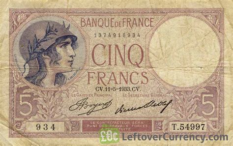 5 French Francs Banknote Violet Exchange Yours For Cash Today