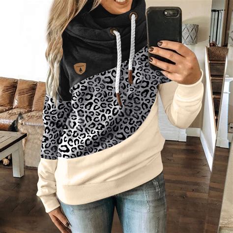 Fashion Female Casual Leopard Contrast Splice Long Sleeve Hoodie
