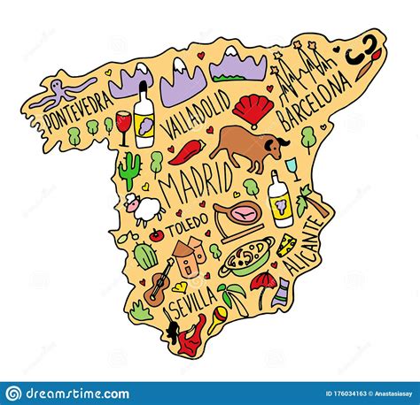 Colored Hand Drawn Doodle Spain Map Spanish City Names Lettering And