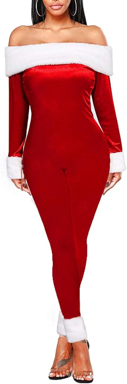 N D Womens Christmas Jumpsuit Pajamas Sexy Off Shoulder Velvet Romper Santa Adult Onesie Pjs
