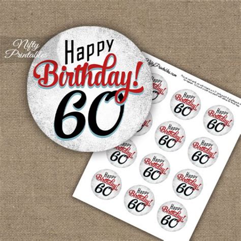 60th Birthday Cupcake Toppers Retro White Red Nifty Printables