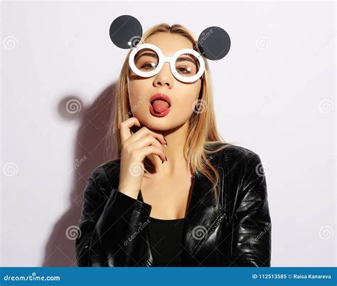 Emotional Girl Beautiful Modern Model Shows Tongue Emotions On Face Stock Image Image Of