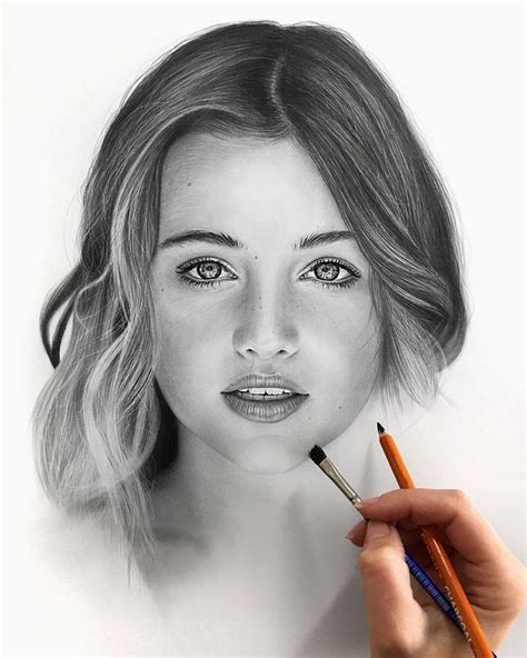A Pencil Drawing Of A Womans Face With Long Hair And Blue Eyes Holding