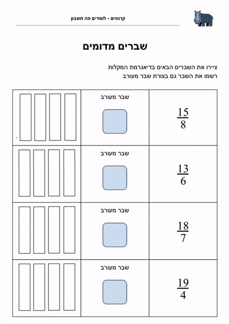 תרגול צביעת שברים מדומים בעזרת דיאגרמת מקלות כיתה ד׳ קרנפים דפי