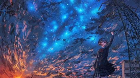 Download 1920x1080 Anime Landscape Sunset Sky Scenery Falling Stars