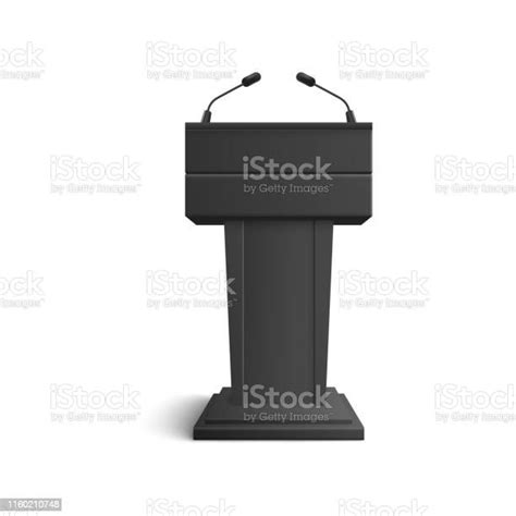 Black Stand Tribune And Podium With Microphones For Speeches And