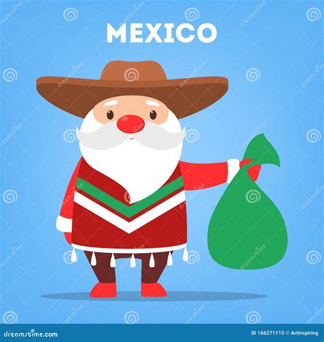 Cute Funny Santa Claus Wearing National Costume Of Mexico Stock Vector