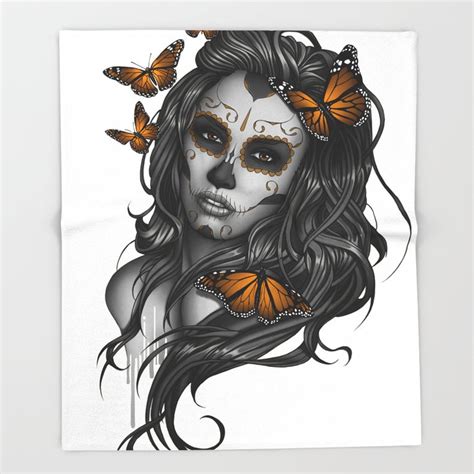 Sugar Skull Tattoo Girl With Butterflies Throw Blanket By