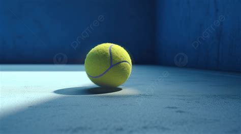 كرة تنس مصورة ثلاثية الأبعاد على أرضية خرسانية مع خلفية زرقاء ملعب تنس