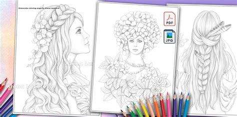 Set Coloriing Pages Elegant Beauties Grayscale By Alena Lazareva