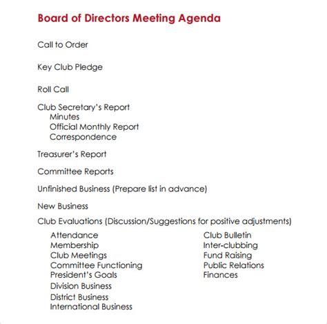 Free 11 Sample Board Meeting Agenda Templates In Pdf Ms Word