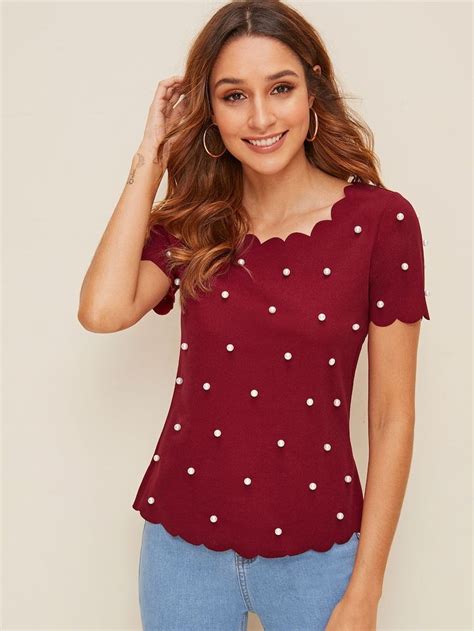Scallop Trim Pearls Beaded Top Shein Womens Clothing Tops Fashion