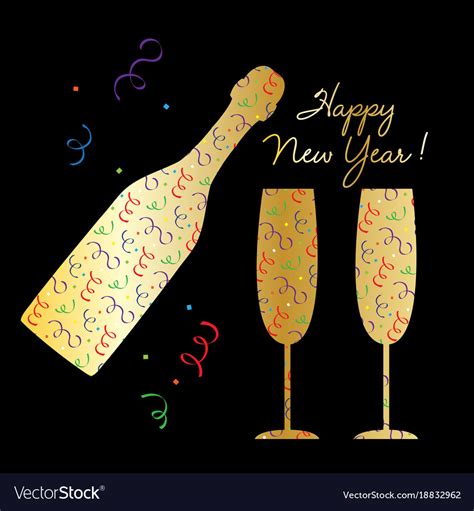 Happy New Year Champagne Bottle And Glasses Vector Image