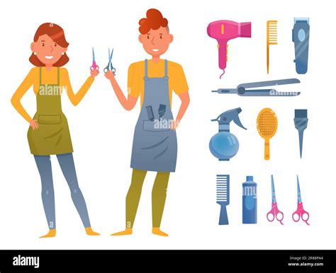 cartoon hairdressers with accessories vector illustrations set stock vector image and art alamy