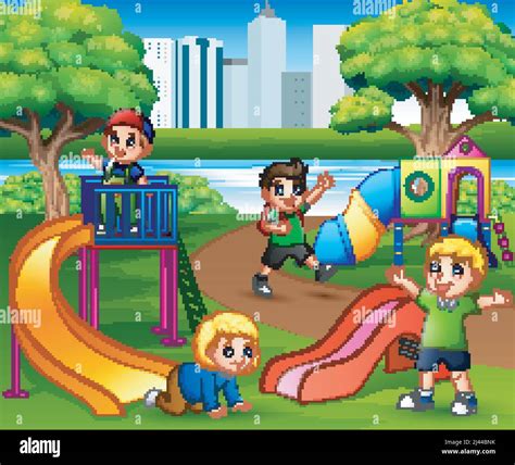 Happy Children Playing In The School Playground Stock Vector Image