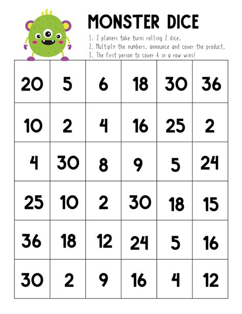 2nd Grade Printable Math Dice Games Monster Dice Match The Measured