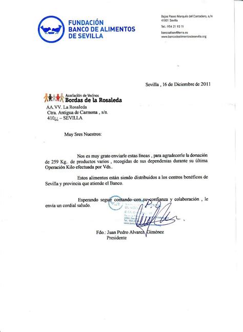 Bordas De La Rosaleda Carta De Agradecimiento De La Fundación Banco De
