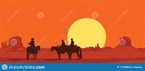 Western Landscape With Silhouettes Of Armed Riders Stock Vector