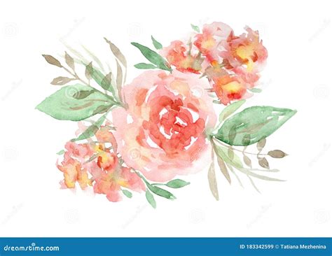 Watercolor Red And Orange Roses Floral Bouquet Stock Illustration