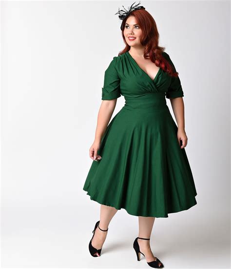 Unique Vintage Plus Size 1950s Style Emerald Green Delores Swing Dress
