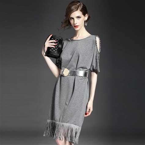 Gray Dress Woman European Womens Straight Tassel Dresses