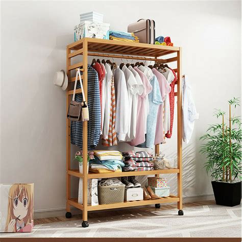 Clothes racks / garment racks. Wooden Clothes Rail Bedroom Wardrobe Stand Storage Rolling ...