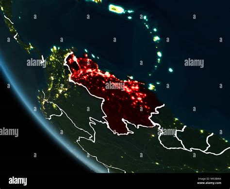 Satellite View Of Venezuela Highlighted In Red On Planet Earth At Night