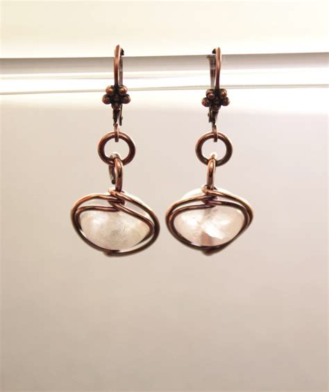 Dangle Copper Earrings With Herringbone Framed Rose Quartz Etsy