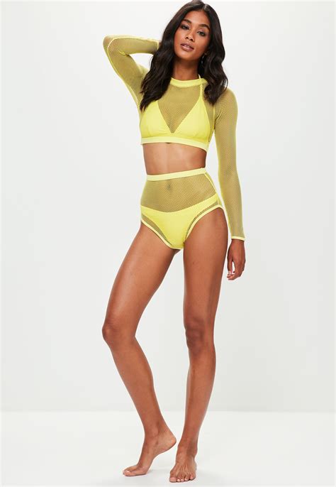 Missguided Yellow Fishnet 3 Piece Bikini Set Lyst