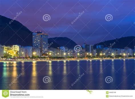 Night View Of Copacabana Beach In Rio De Janeiro Stock Image Image Of