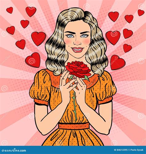 Pop Art Young Beautiful Woman In Love With Red Rose Stock Vector Illustration Of Lady Dress
