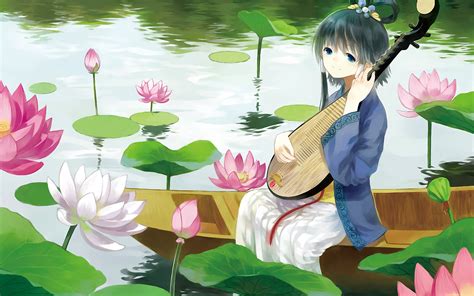 Anime Girl Beautiful Dress Lotus Kimono Wallpapers Hd Desktop