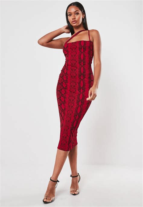 Red Snake Print Cross Strap Bodycon Midi Dress Missguided Australia