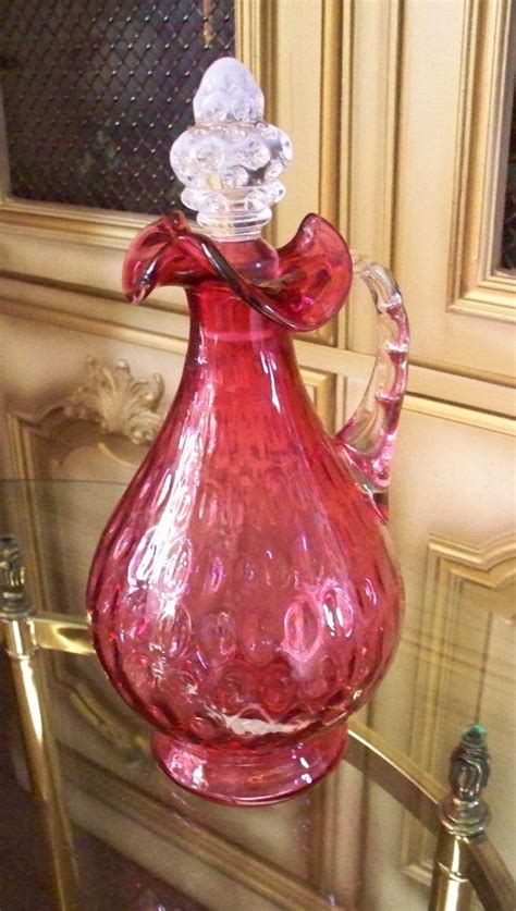 Fenton Ruby Overlay Cranberry Glass Decanter Vintage Bar Ware Inverted Thumbprint King Crown