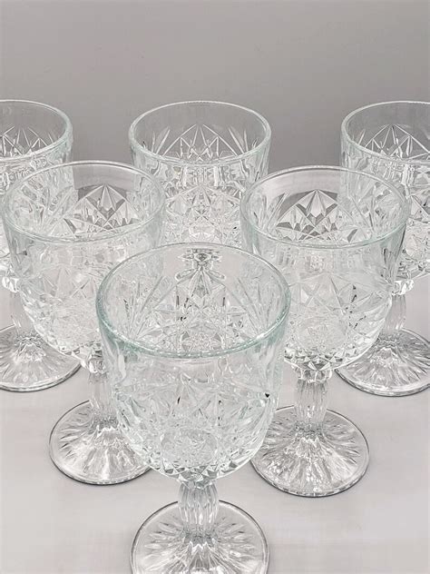 Vintage Libbey Hobstar Water Goblet ~ Set Of 6 Wine Glasses ~ Heavy Pressed Glass Drinking Glass