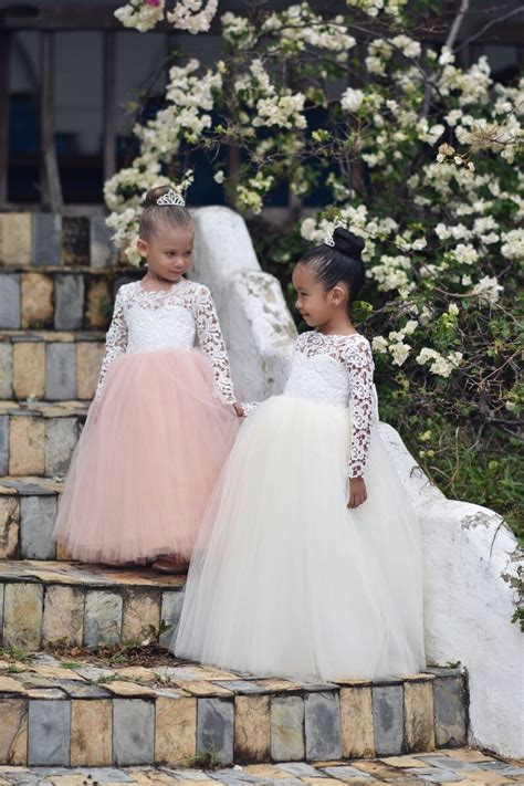lace flower girl dress long sleeve lace satin and tulle etsy