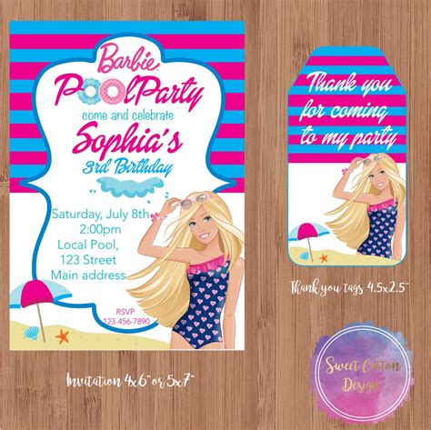 barbie pool party barbie invitation barbie with thank you tags by sweecotton on etsy