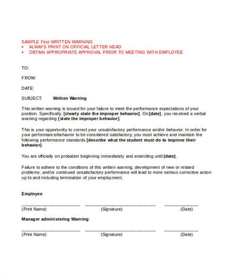 warning letter templates   word  format