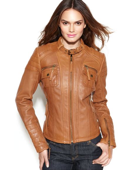 Lyst Michael Kors Michael Leather Buckle Collar Motorcycle Jacket In Brown