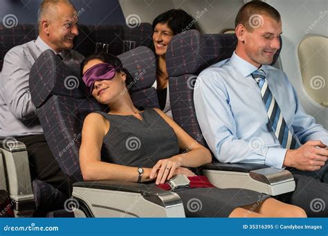 Business Woman Sleep During Flight Airplane Cabin Stock Image Image