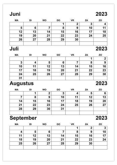 Kalender Juni Juli Augustus September 2023