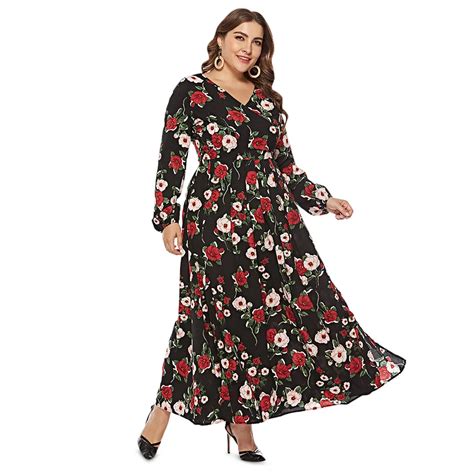 Wipalo Plus Size Xl 6xl Women Dress Floral Print Long Sleeve Maxi Dress