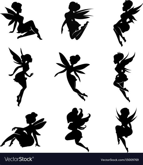 Set Of Silhouettes Of Fairies Isolated On White Background Magical