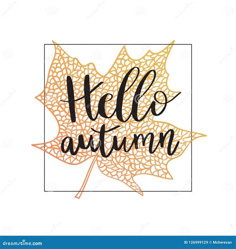 Hello Autumn Hand Lettering Phrase On Orange Maple Leaf Background