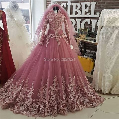 Robe De Mariee Pink Turkish Islamic Wedding Dresses With Veil Muslim