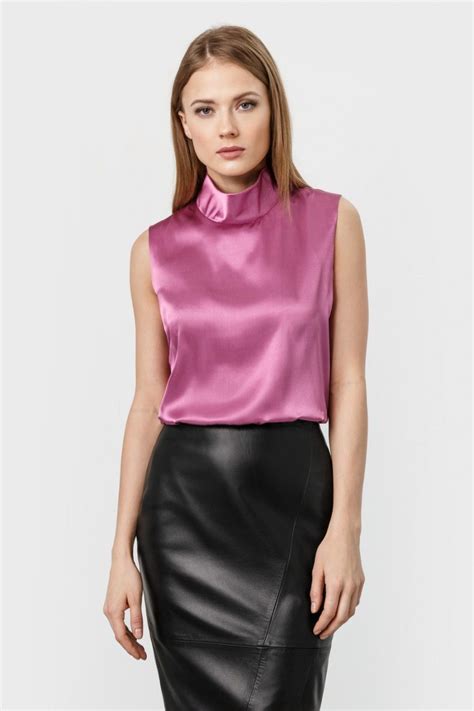 Pink Satin Sleeveless Blouse And Black Leather Skirt Black Leather