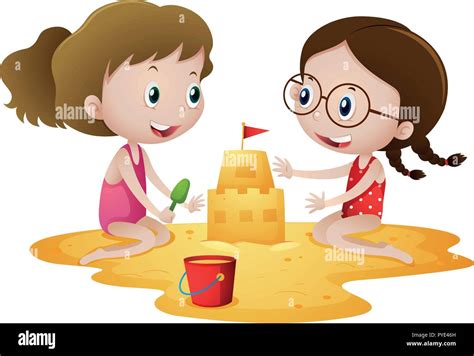 Deux Jeunes Filles Jouant Sur La Plage De Sable De L Illustration Image Vectorielle Stock Alamy