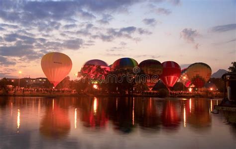 Hot Air Balloon Over Evening Summer Lake Editorial Image Image Of