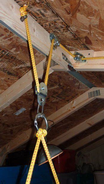 Attic stairs, however, are often steep and narrow, and set the free pulley on the attic floor, off to the side of the door. An Elevator for My 10'x12' Storage Shed | Diy garage storage, Garage storage organization ...