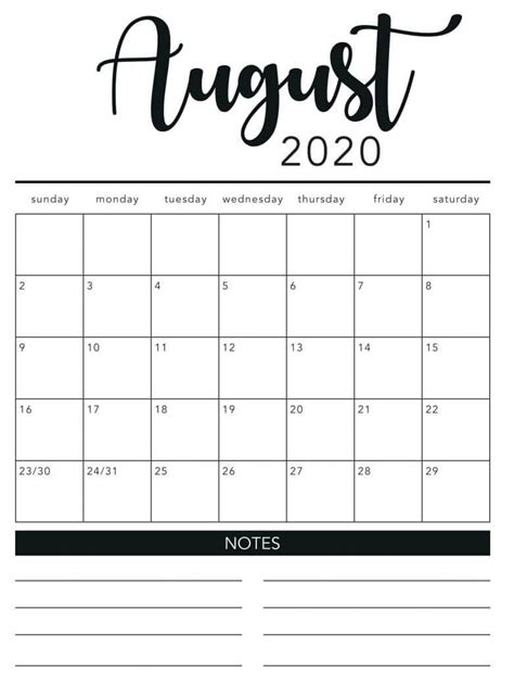 Calendar August 2020 Printable Template Calendar Word August Calendar
